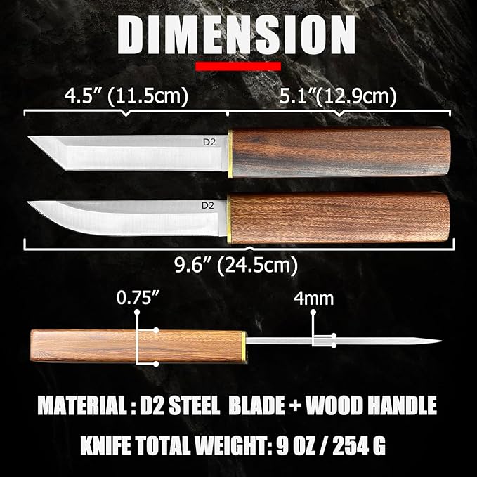 2PCS Katana Japanese Fixed Blade Knife with Wood Handle - D2 Steel Tanto Knife + Drop Point Knife with Wood Sheath