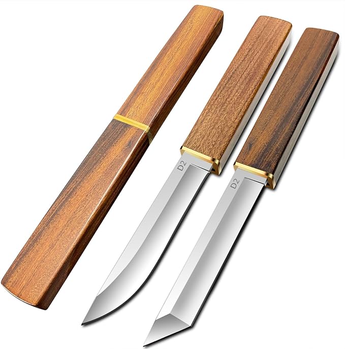 2PCS Katana Japanese Fixed Blade Knife with Wood Handle - D2 Steel Tanto Knife + Drop Point Knife with Wood Sheath