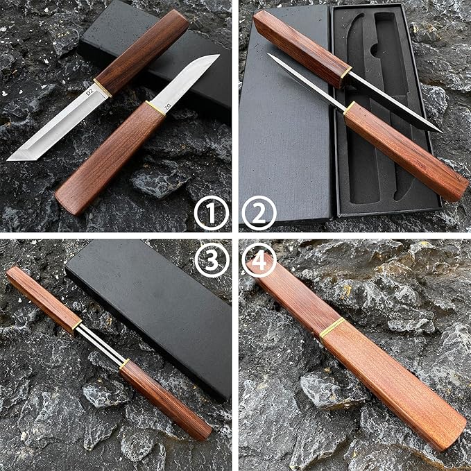 2PCS Katana Japanese Fixed Blade Knife with Wood Handle - D2 Steel Tanto Knife + Drop Point Knife with Wood Sheath